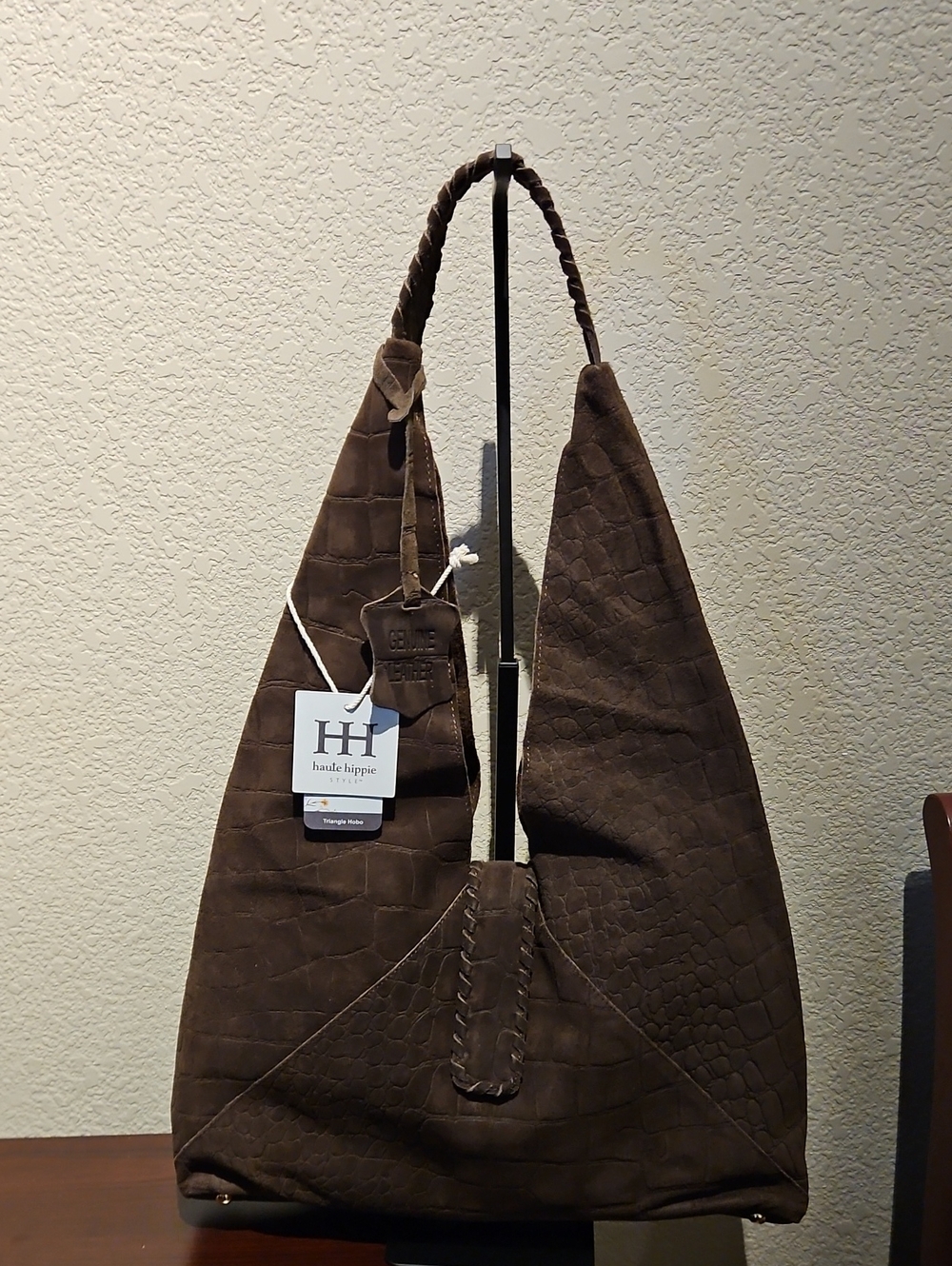 Haute Hippie - Chocolate Brown Croc Genuine Suede Leather Triangle Hobo Bag